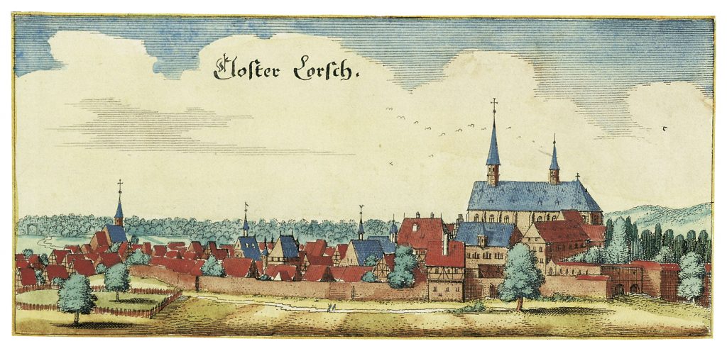 Abb. für Vortrag 1: Kolorierter Kupferstich von Matthias Merian d. Ä. vom Kloster Lorsch, Zustand vor 1621. Foto: SG, Kloster Lorsch.
